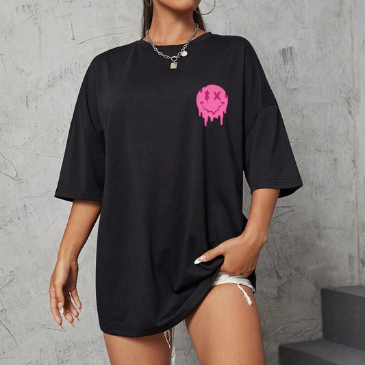 Pink Emoji Drawing Trendy Wear Loose Women's Short Sleeve