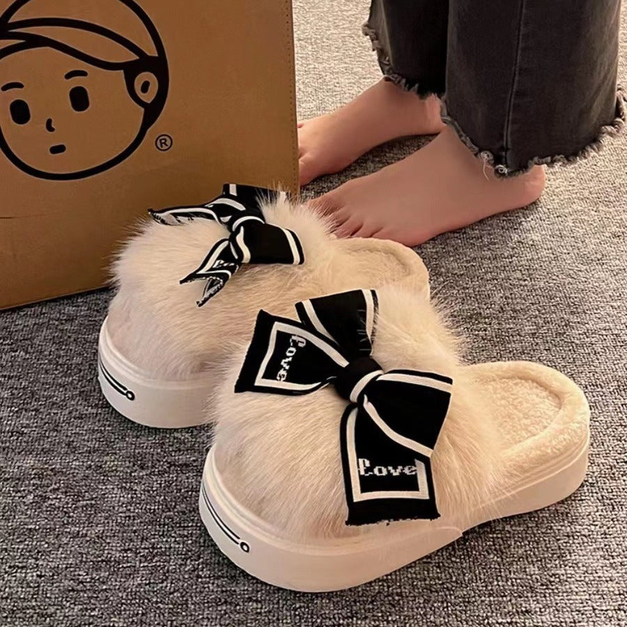 Bow Half Pack High-heeled Outdoor Home Cotton Slippers