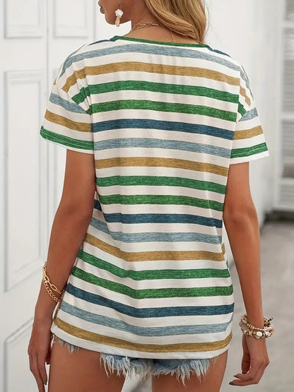 Women's Striped Fashionable Round Neck Short Sleeved T-shirt