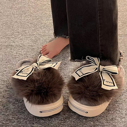 Bow Half Pack High-heeled Outdoor Home Cotton Slippers