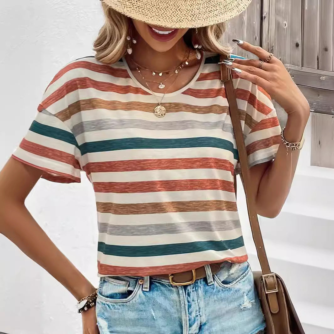 Women's Striped Fashionable Round Neck Short Sleeved T-shirt