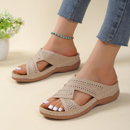 New Casual Round Head Cross Hollow Women's High Heel Slippers