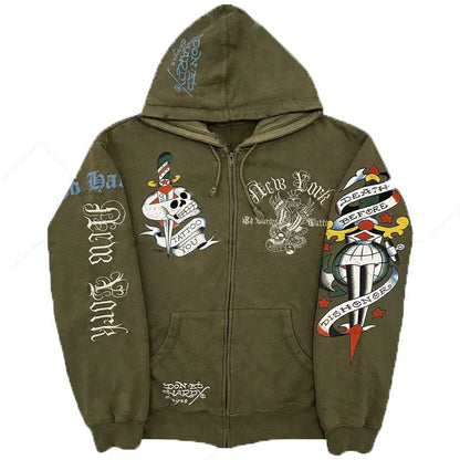 American Retro Cartoon Printed Hooded Loose Zip Top