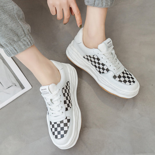 Leather Platform Checkerboard Casual Large Toe Shoes