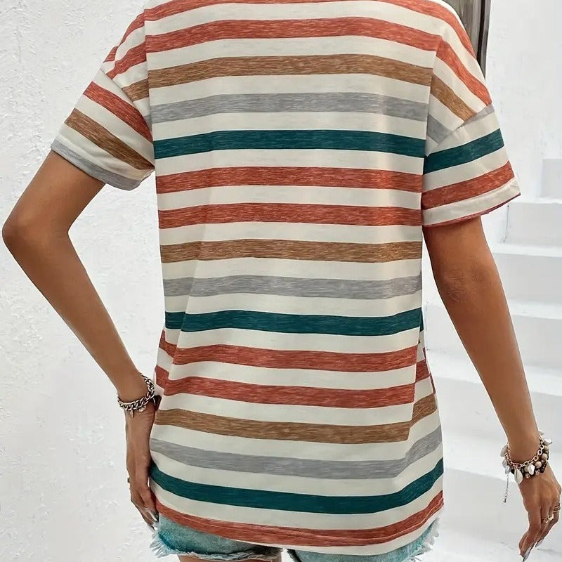 Women's Striped Fashionable Round Neck Short Sleeved T-shirt