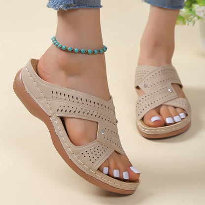 New Casual Round Head Cross Hollow Women's High Heel Slippers